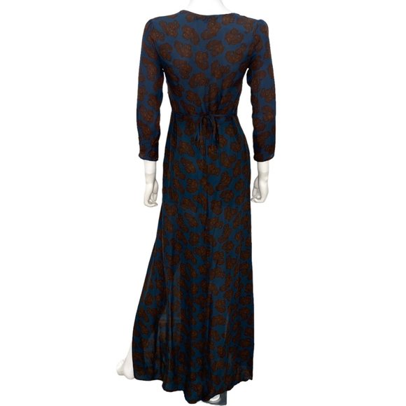 For Love & Lemons Double Slit V-Neck Maxi Dress Paisley Print Silk Blue Size S - Picture 4 of 14